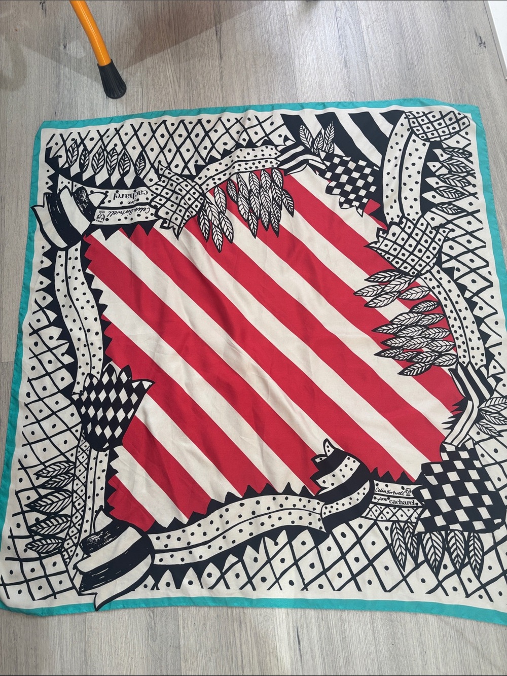 Red & White Striped Scarf with Black Graphic Border and Teal Edge